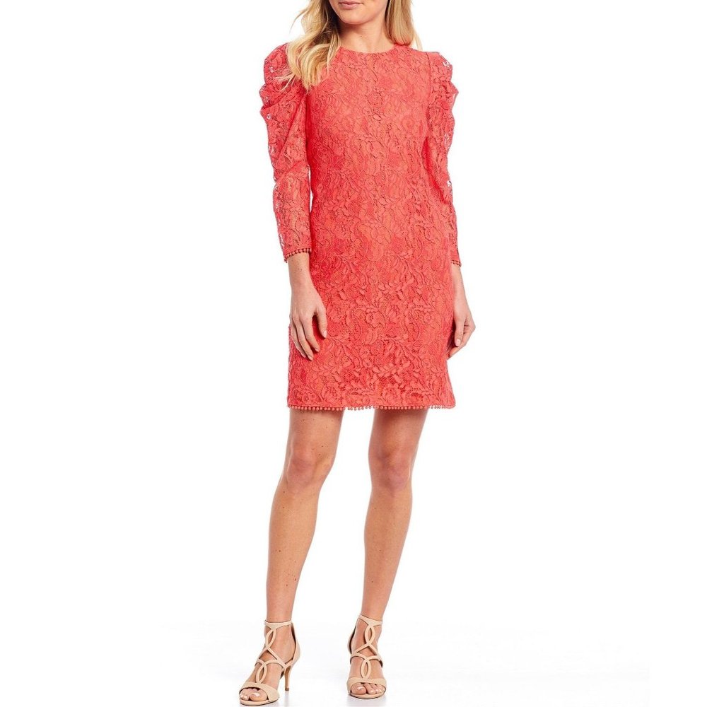 Vince Camuto Puffed Shoulder 3/4 Sleeve Lace Sheath Dress Coral Size 8 New